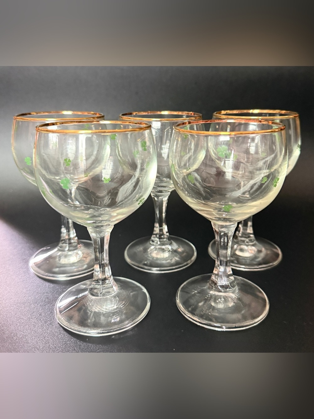Set of 5 Vintage Irish Shamrock Cordial/Liqueur/Wine Gold-Rim Stem Glasses 4.5”